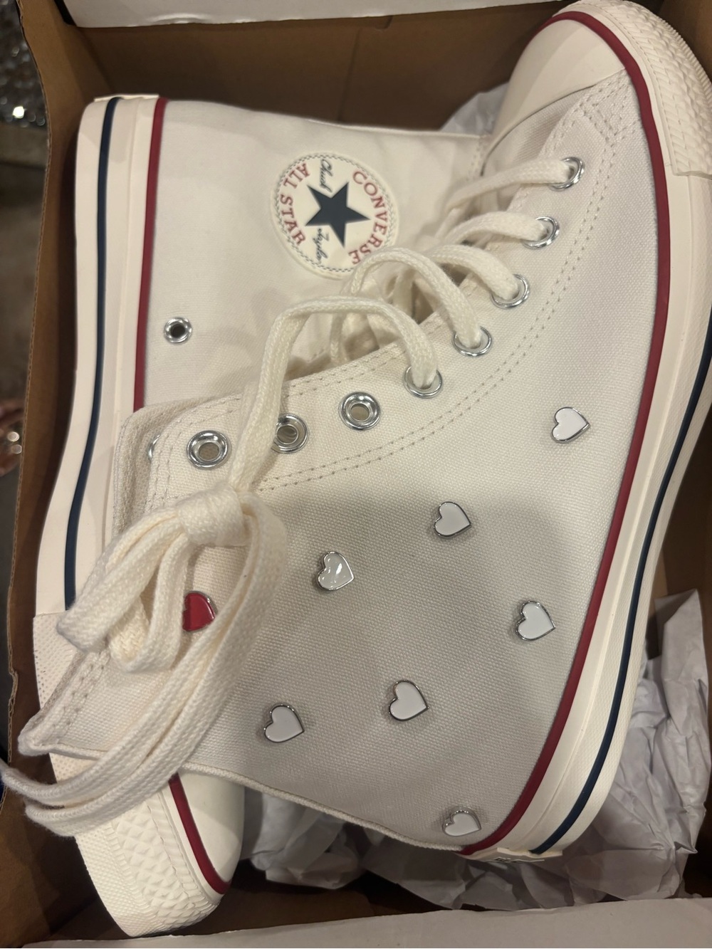 Converse White High Top Sneakers with Red & White Heart Studs - Picture 8 of 8